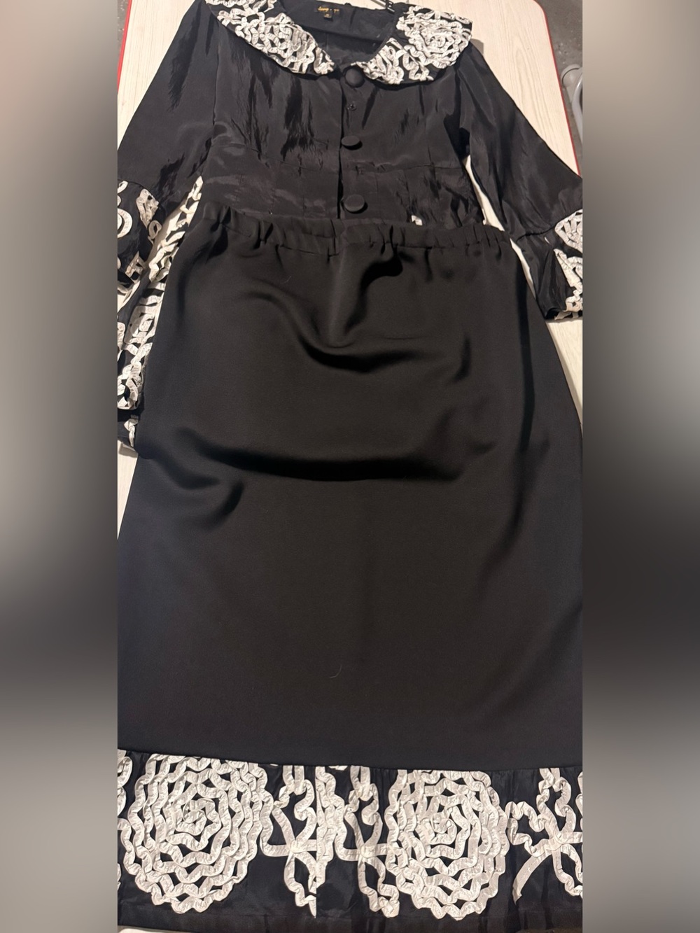 Black Formal Coat Dress with White Embroidered Trim - Picture 2 of 4
